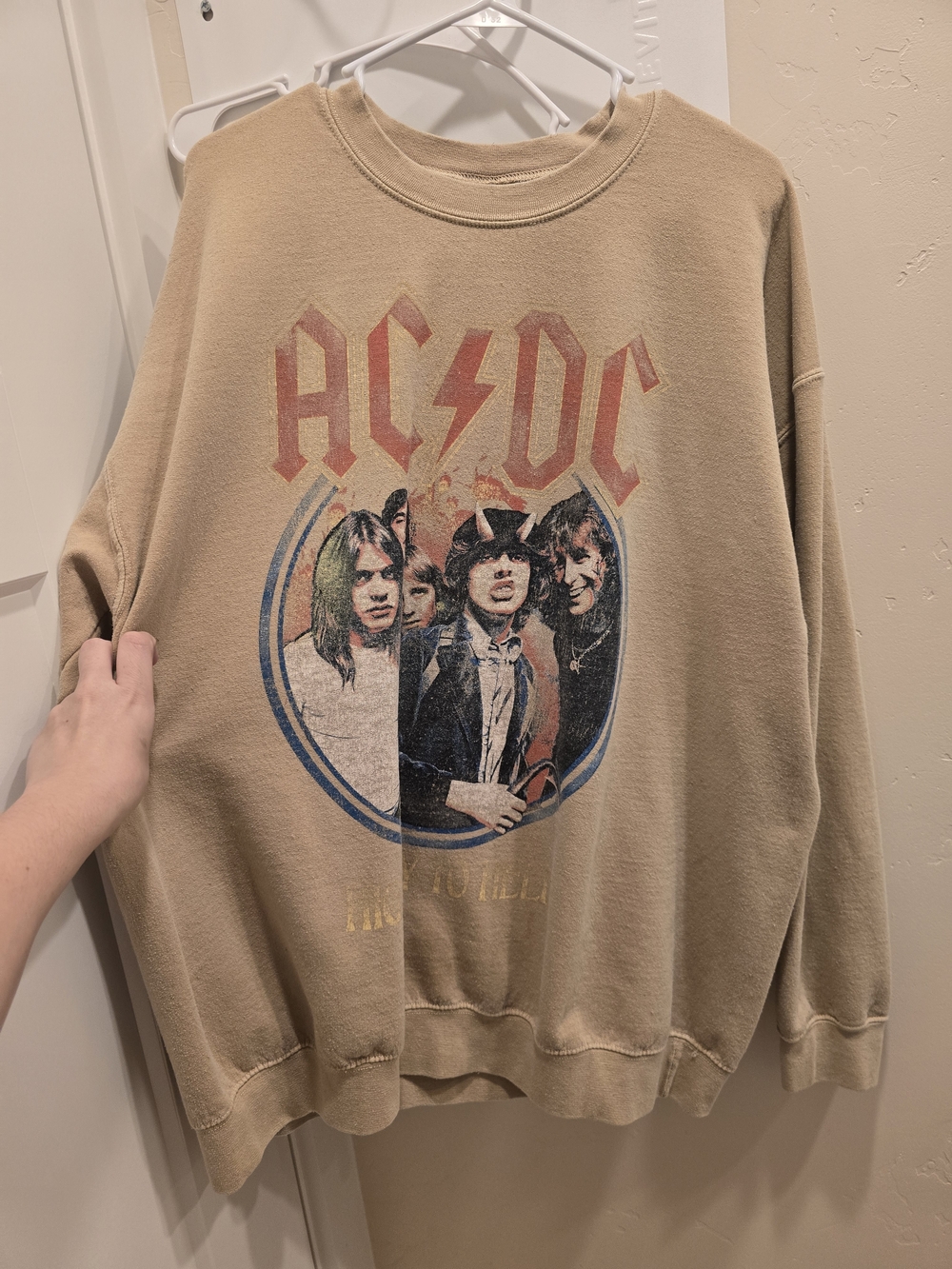 AC/DC Tan Crewneck Sweatshirt with Vintage Band Graphic